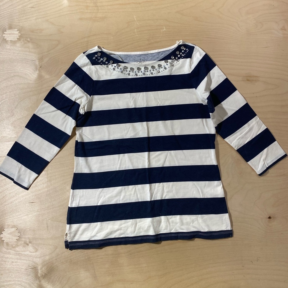 St. John's Bay Cream and Blue Striped Top with Embellished Neckline Medium (QL)